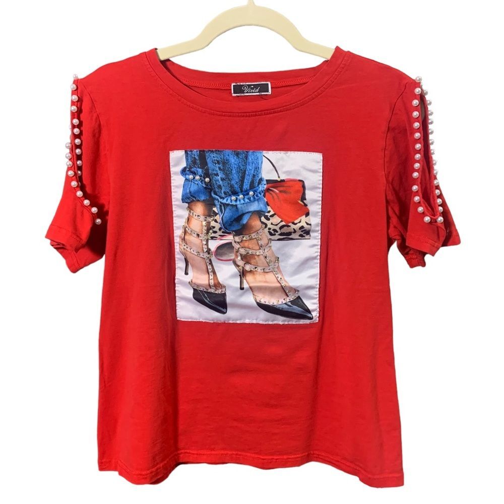VIVID Red Cold Shoulder Top with faux Pearl accent on sleeves